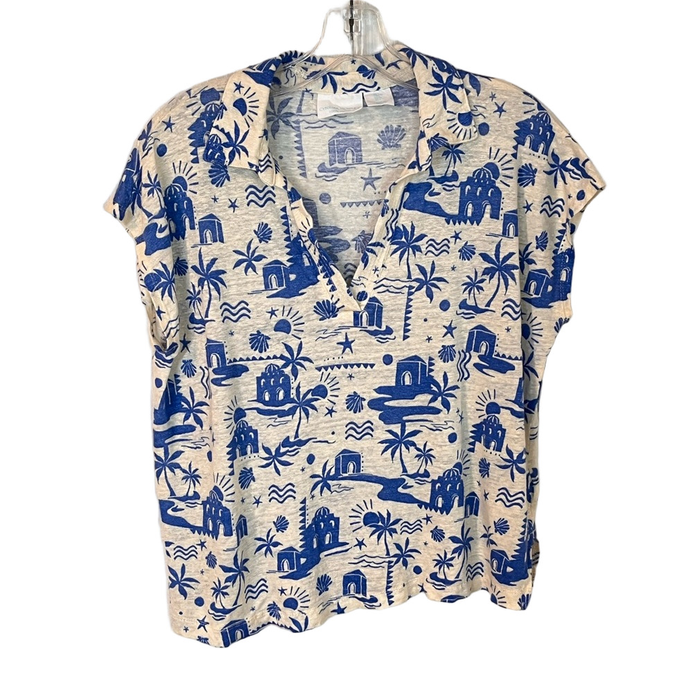 Cynthia Rowley 100% Linen Knit Top Large Blue Cream Island Print Coastal Boxy